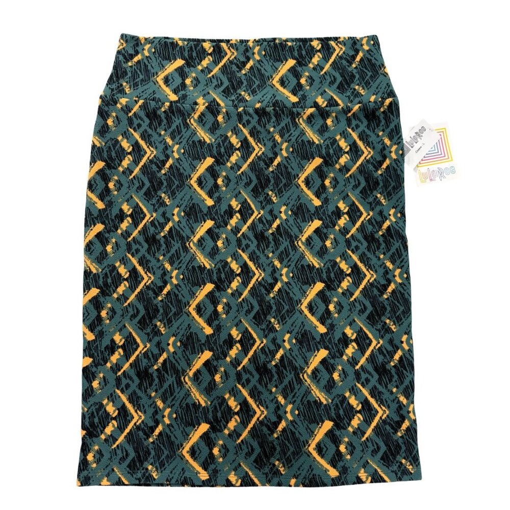 LuLaRoe Skirt Womens L Green Yellow Cassie‎ Straight Midi Geometric Stretch NWT